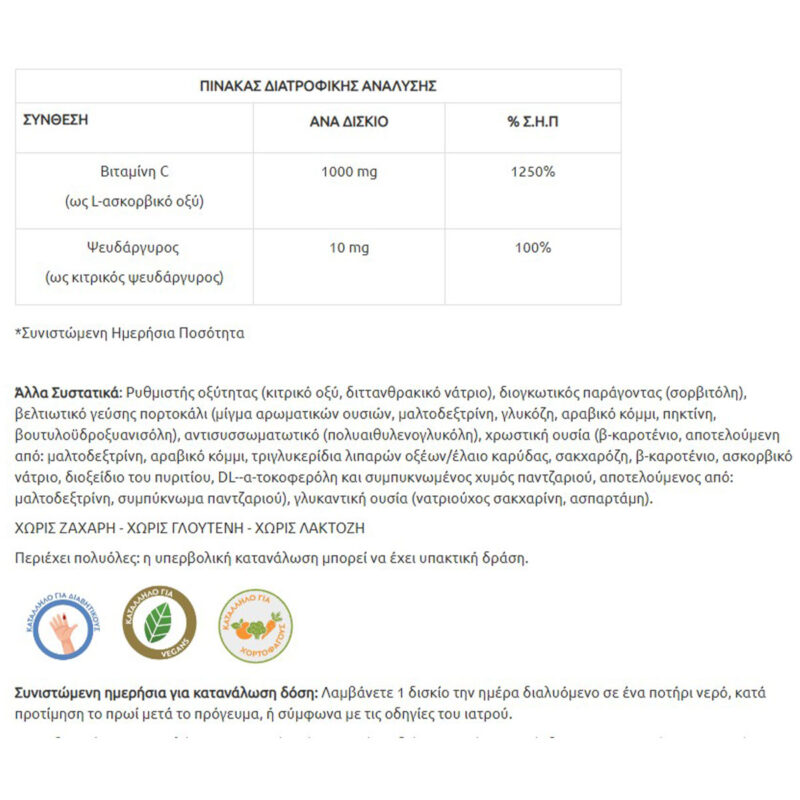 Vegan Terra Vitamin C 1000 mg & Zinc 20 αναβράζοντα δισκία Orange Genecom συστατικά