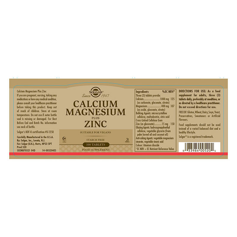 Vegan Calcium, Magnesium plus Zinc ασβέστιο, μαγνήσιο και ψευδάργυρος Solgar 100 ταμπλέτες συστατικά