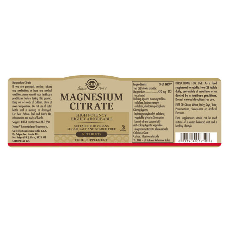 Vegan Magnesium Citrate 200mg Solgar 60 Ταμπλέτες συστατικά