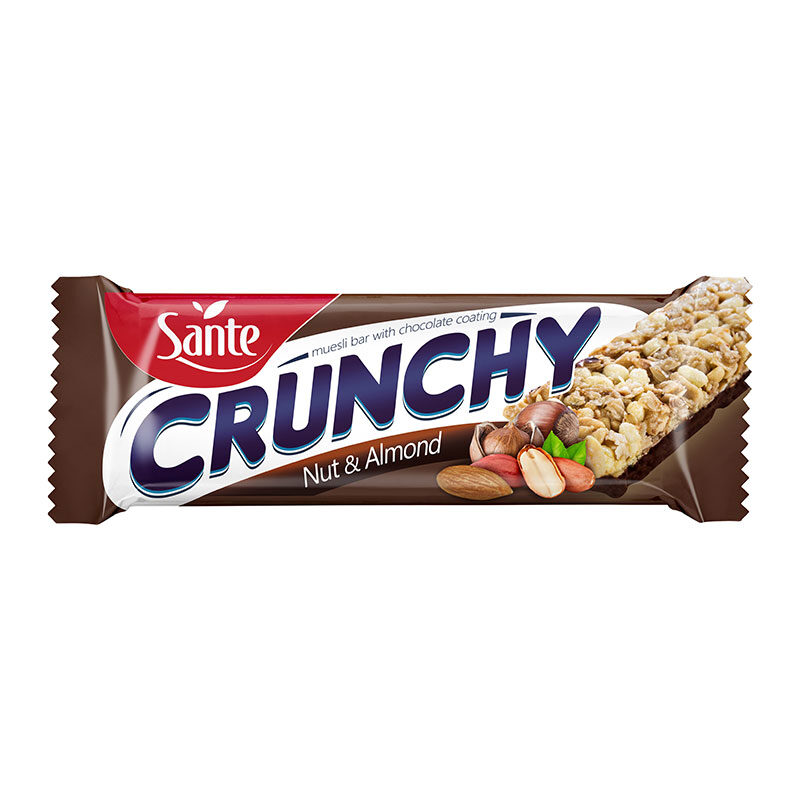 Crunchy μπάρα δημητριακών με φουντούκια, αμύγδαλα και επικάλυψη σοκολάτας Sante 40 γραμμάρια