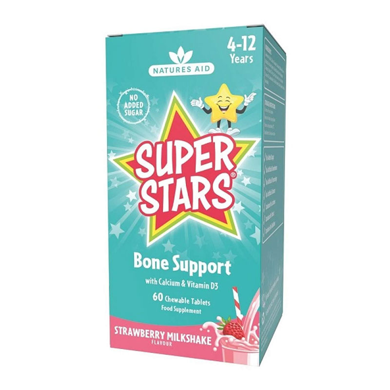 Vegan Super Stars Bone Support για παιδιά 4-12 ετών με γεύση μιλκσέικ φράουλα 60 μασώμενες ταμπλέτες