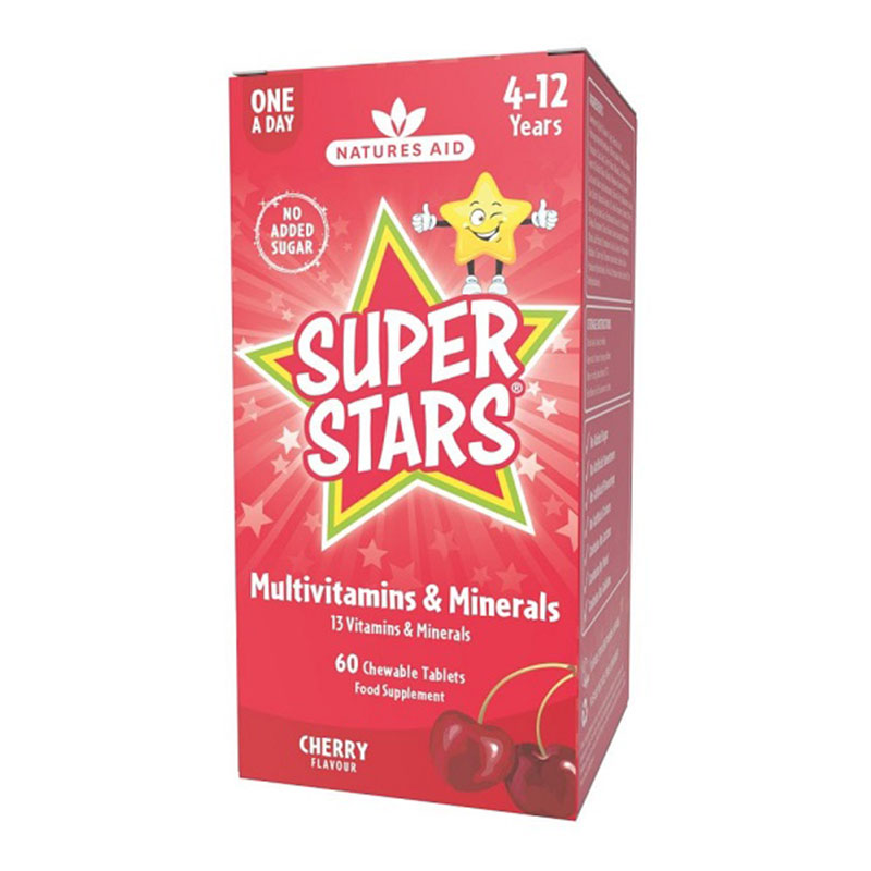 Vegan Super Stars Multivitamins & Minerals για παιδιά 4 έως 12 ετών με γεύση κεράσι Natures Aid 60 μασώμενες ταμπλέτες