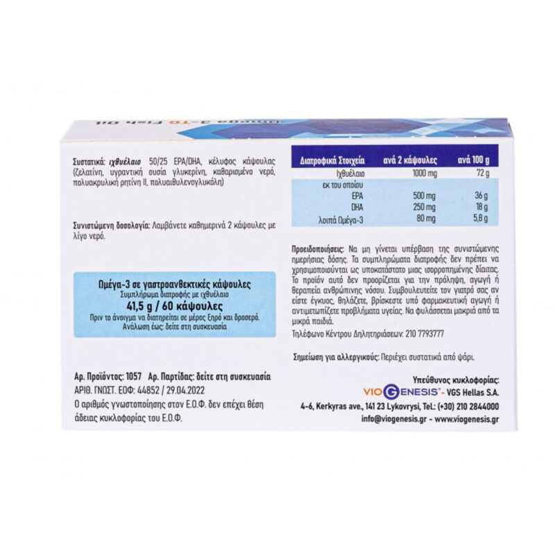 Omega 3–TG Fish Oil Viogenesis 60 κάψουλες εντερικής επικάλυψης ΣΥΣΤΑΤΙΚΑ
