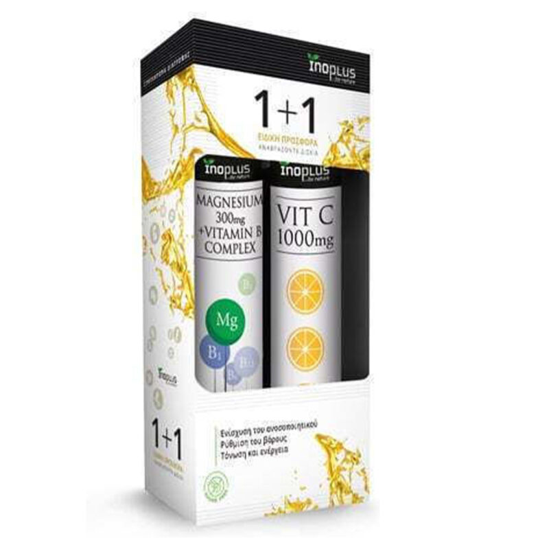 1+1 Magnesium-B Complex + Vit C 1000mg Inoplus 20 + 20 αναβράζοντα δισκία με γεύση πορτοκάλι
