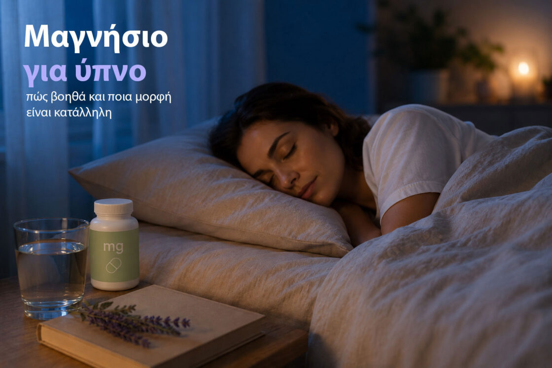 "Μαγνήσιο για ύπνο: πώς βοηθά και ποια μορφή είναι κατάλληλη" - Γυναίκα κοιμάται ήρεμα τη νύχτα με ένα μπουκάλι δισκίων μαγνησίου στο κομοδίνο της
